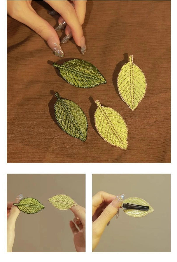 Embroidered leaves! Fresh hairpin! Exquisite bangs clip forehead high-grade Leaf side clip headdress broken hairpin