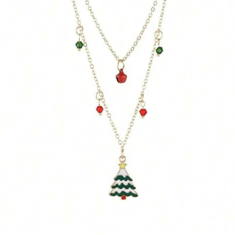 Jewelry Cute Christmas Tree Bell 316 Stainless Steel  Copper Enamel Double Layer Necklaces
