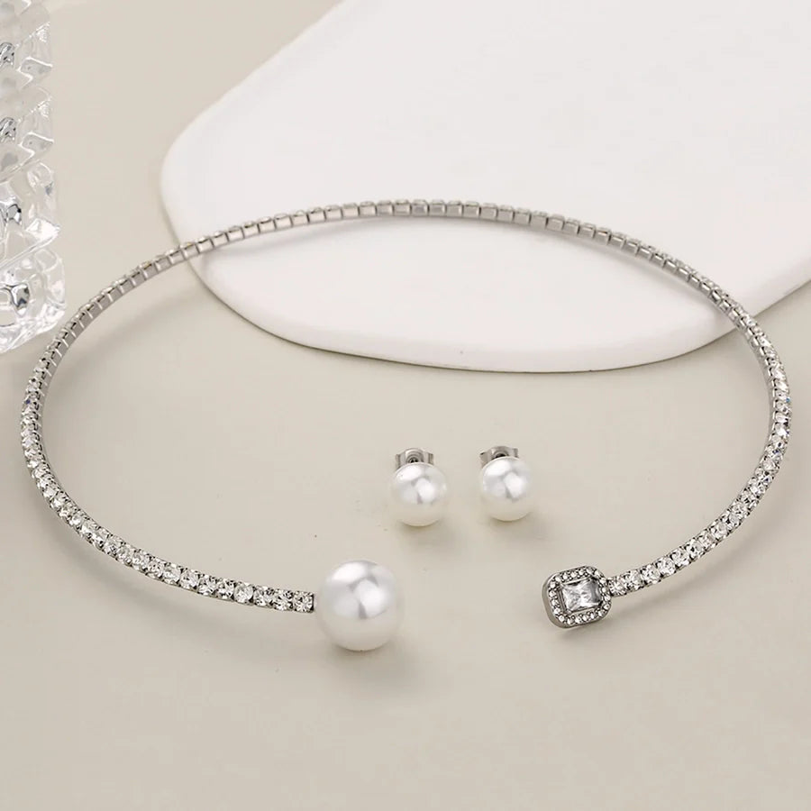 Jewelry Glam Luxurious Shiny Circle Square Heart Shape 304 Stainless Steel Imitation Pearl Rhinestone Jewelry Set