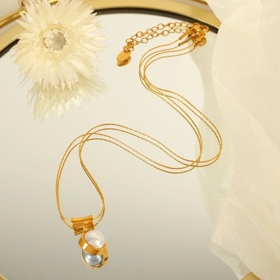 Jewelry IG Style Elegant Round 304 Stainless Steel Artificial Pearls 18K Gold Plated Polishing Inlay Pendant Necklace