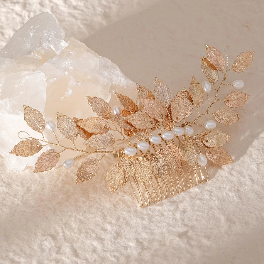 retro leaf flower alloy copper pearl inlay rhinestones insert comb