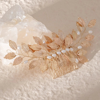 retro leaf flower alloy copper pearl inlay rhinestones insert comb