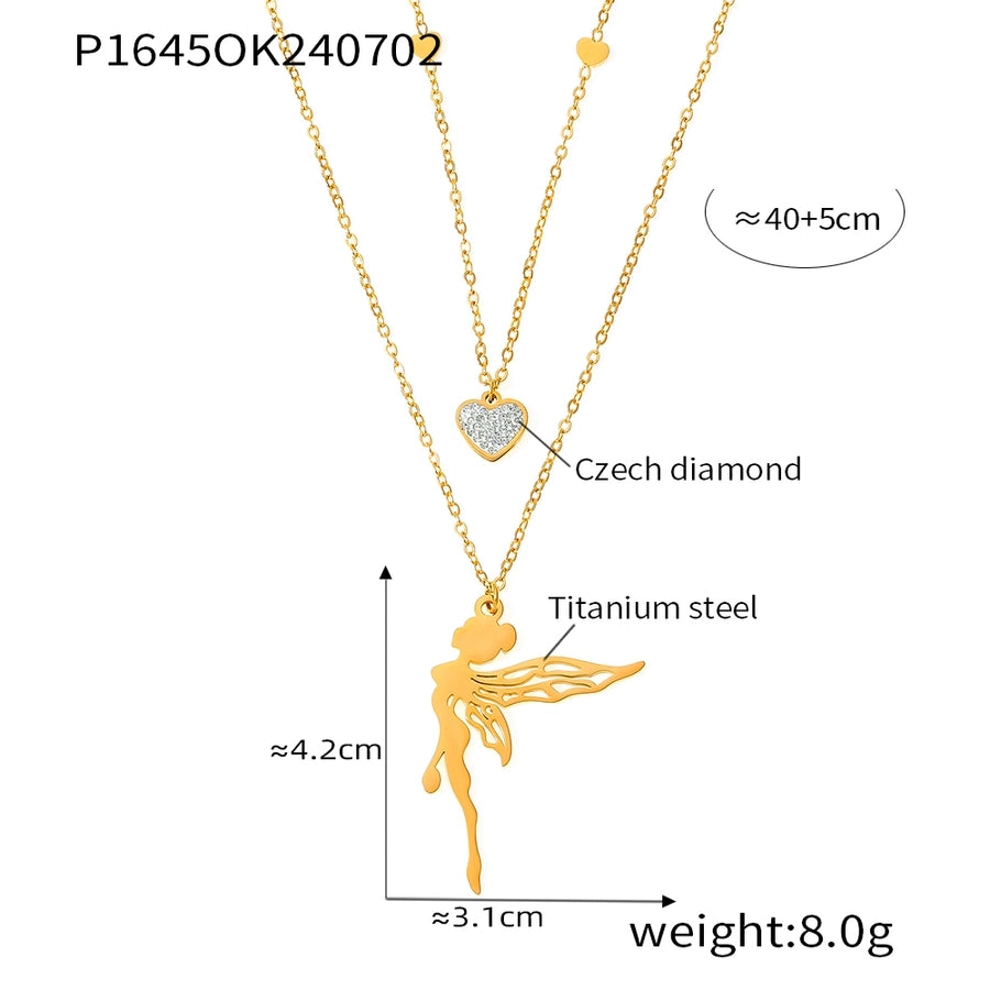 Jewelry Sweet Korean Style Angel Heart Shape 304 Stainless Steel Rhinestones 18K Gold Plated Layered Plating Inlay Double Layer Necklaces Pendant Necklace