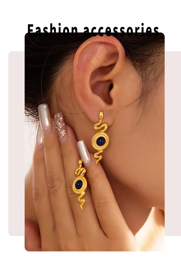 1 Pair Retro British Style Round Snake Plating Inlay 304 Stainless Steel Natural Stone Agate 18K Gold Plated Ear Studs