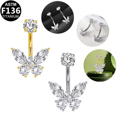 1 Piece Belly Rings Glam Shiny Butterfly Pure Titanium Aluminium Alloy Zircon 14K Gold Plated White Gold Plated