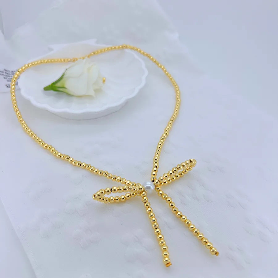 Wholesale Jewelry Casual Vacation Bow Knot Copper 18K Gold Plated Polishing Inlay Necklace Beaded Chain