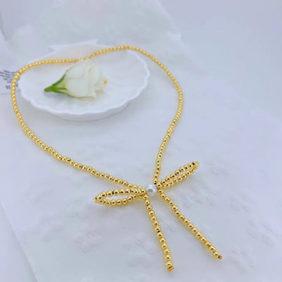Wholesale Jewelry Casual Vacation Bow Knot Copper 18K Gold Plated Polishing Inlay Necklace Beaded Chain