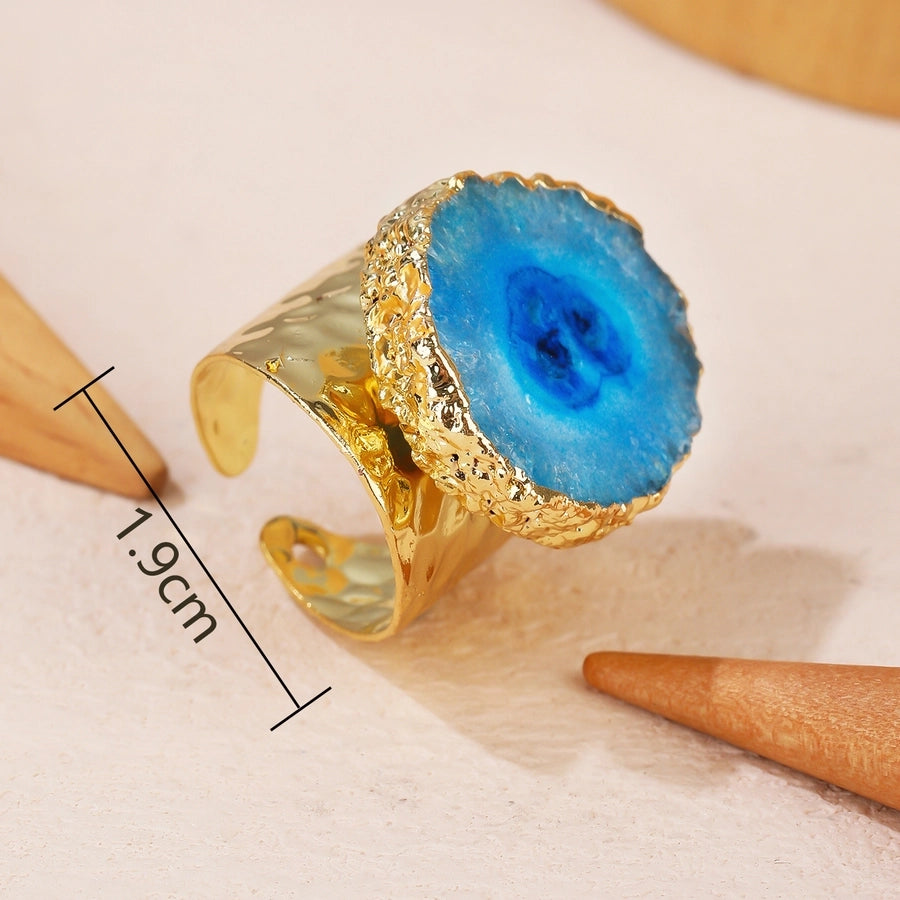 Natural Crystal Copper 14K Gold Plated Inlay Asymmetrical Irregular Crystal Open Rings