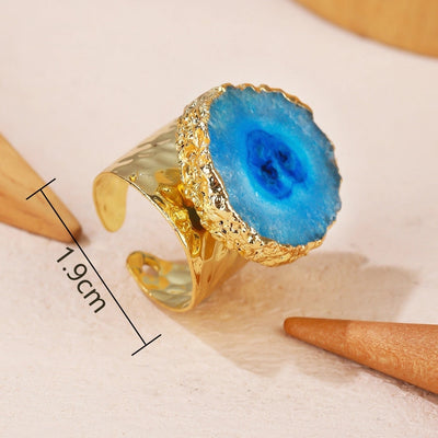 Natural Crystal Copper 14K Gold Plated Inlay Asymmetrical Irregular Crystal Open Rings