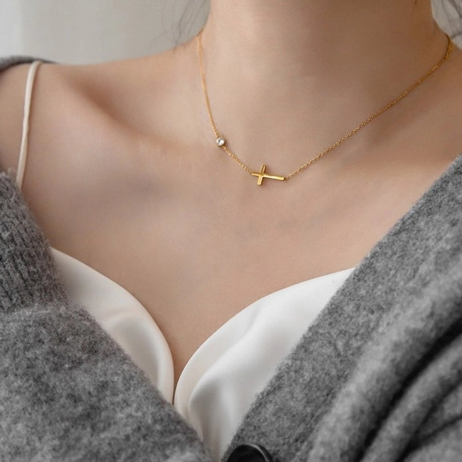 Jewelry Simple Style Classic Style Commute Cross 304 Stainless Steel Artificial Rhinestones 18K Gold Plated Plating Jewelry Set