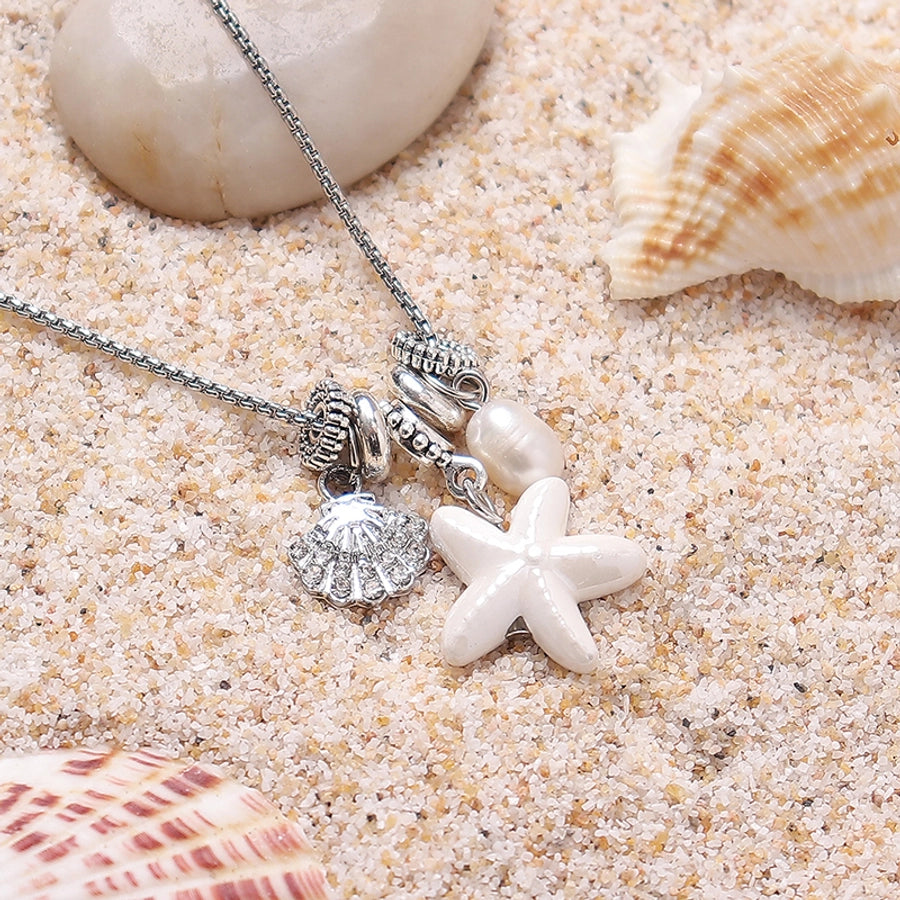 Hawaiian Vacation Starfish Shell Rhinestones Artificial Pearl Titanium Steel ceramics