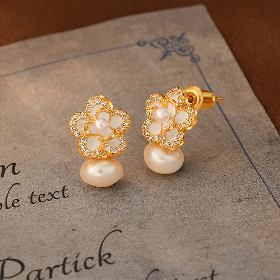 1 Pair Glam Luxurious French Style Flower Inlay Copper Freshwater Pearl Zircon 18K Gold Plated Ear Studs