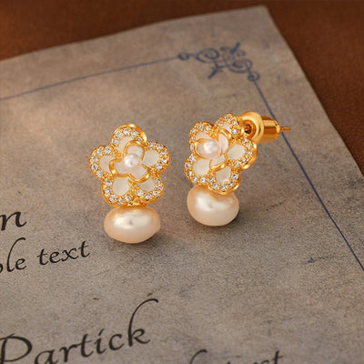 1 Pair Glam Luxurious French Style Flower Inlay Copper Freshwater Pearl Zircon 18K Gold Plated Ear Studs