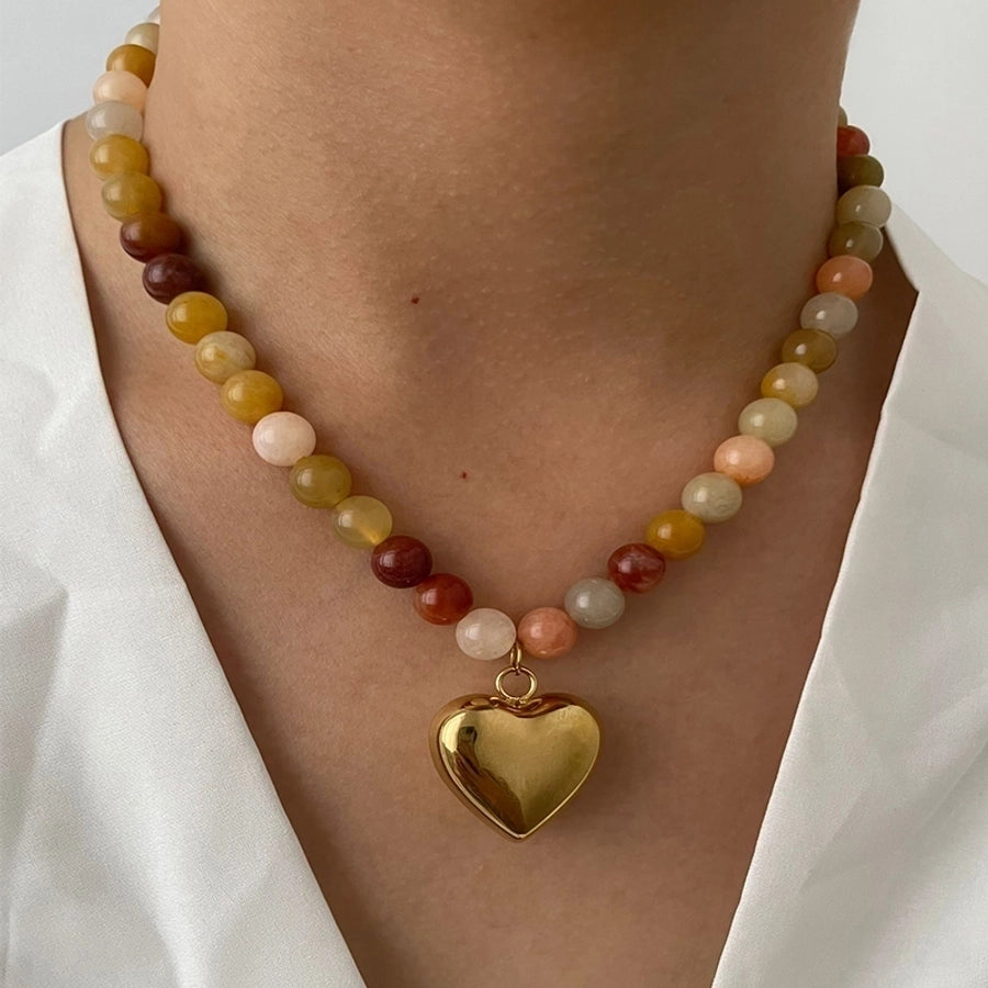 Jewelry Elegant Beach Heart Shape 316L Stainless Steel  Natural Stone 18K Gold Plated Beaded Pendant Necklace