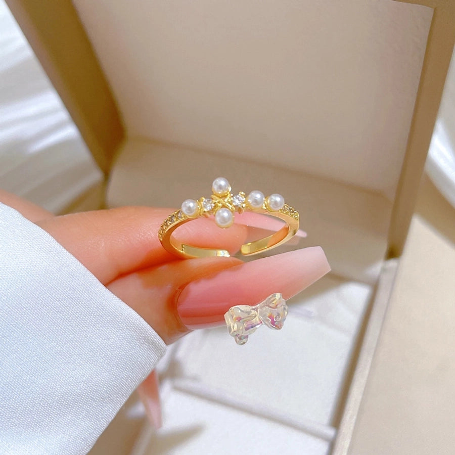 Brass Gold Plated Geometric Artificial Pearls Zircon Brass Rings