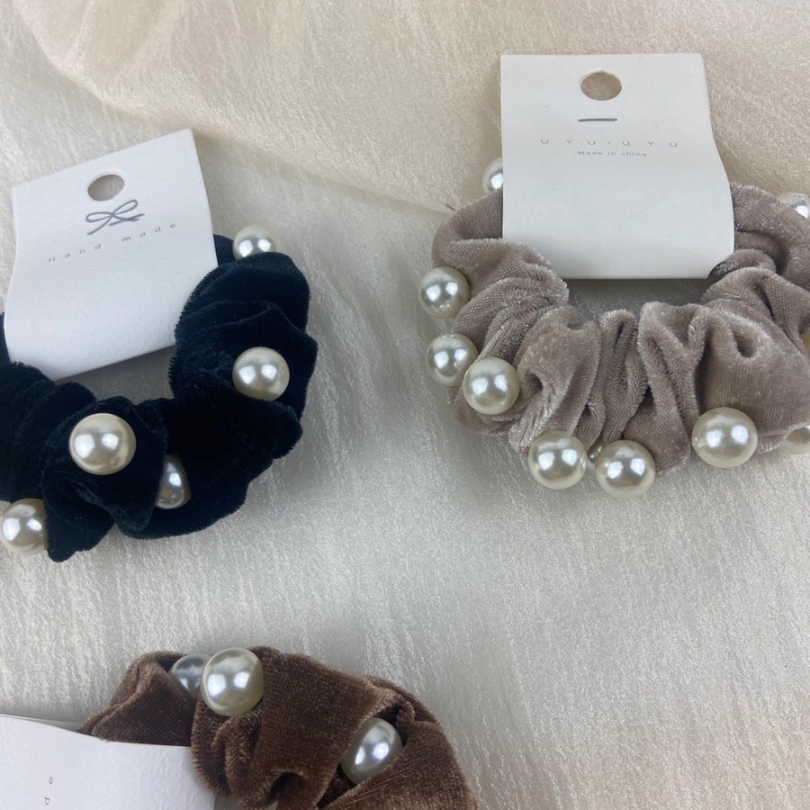 elegant solid color artificial pearl flannel hair tie