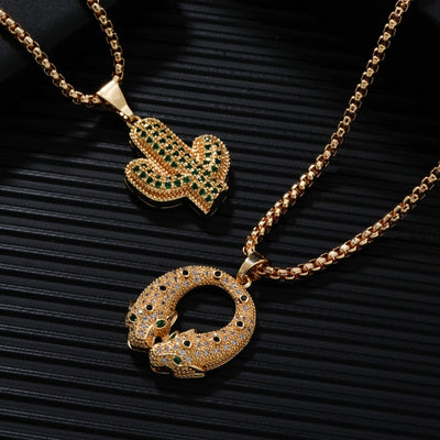 Hip-Hop Streetwear Cactus Tiger 304 Stainless Steel Copper Inlay Zircon K Gold Plated Unisex Pendant Necklace