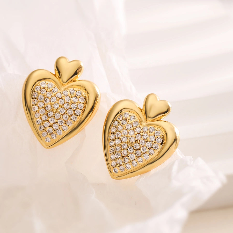 1 Pair Retro Simple Style Commute Heart Shape Plating Inlay Copper Zircon Ear Studs