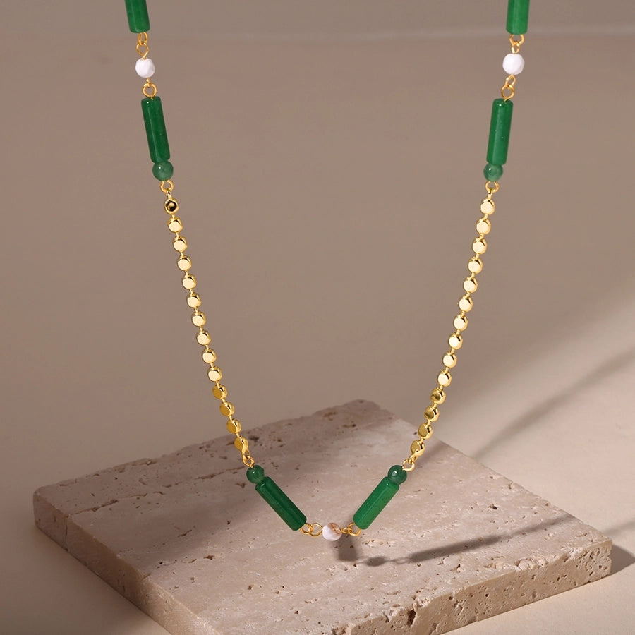 Jewelry Elegant Vacation chain 304 Stainless Steel Aventurine 18K Gold Plated Beaded Necklace