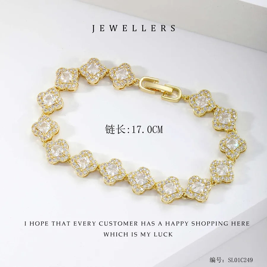 Wholesale Jewelry Elegant Classic Style Leaf Four Leaf Clover Copper Zircon Plating Bracelets Tennis Chain