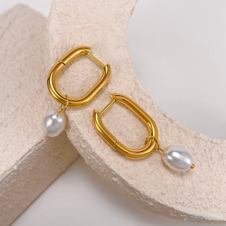 1 Pair French Style Geometric Pearl chain 304 Stainless Steel 18K Gold Plated Drop Earrings