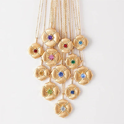 Alloy Copper Inlay Flower Birthstone Pendant Necklace