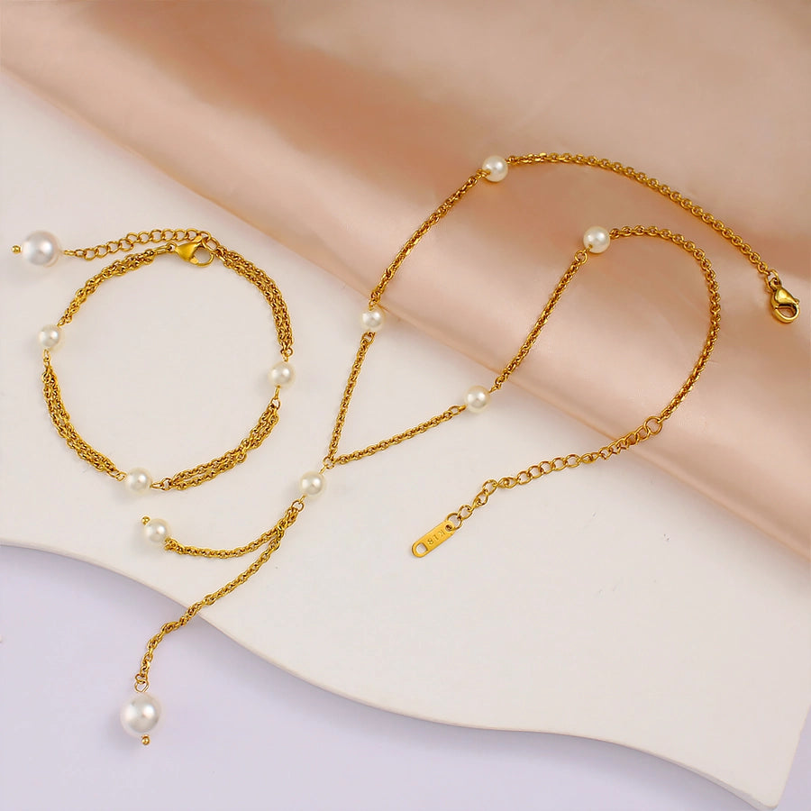 Jewelry French Style Geometric 304 Stainless Steel Glass Pearl 18K Gold Plated Bracelets Necklace