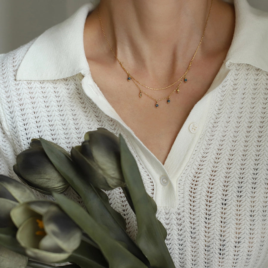 Jewelry Vintage Style Geometric 304 Stainless Steel natural stone 18K Gold Plated Beaded Plating Double Layer Necklaces