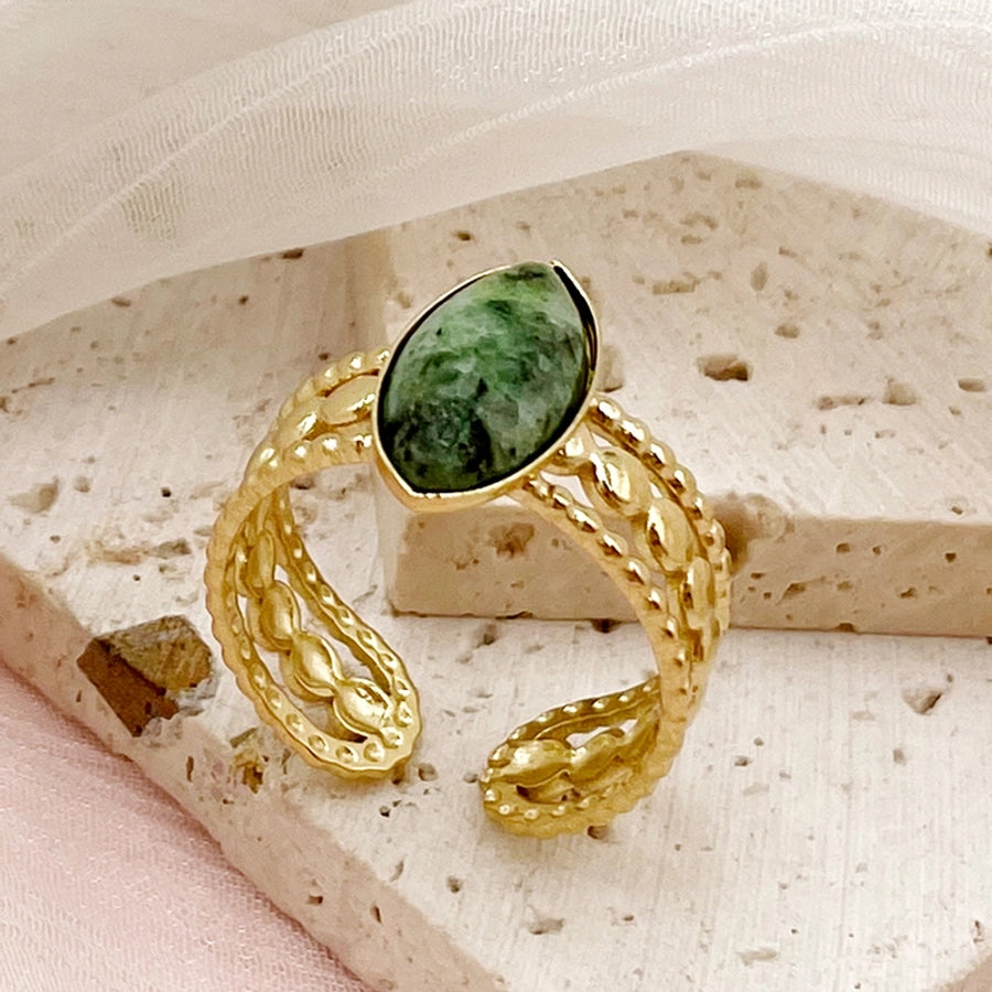 Jewelry Hip-Hop Streetwear Oval 304 Stainless Steel Natural Stone 14K Gold Plated Plating Inlay Open Rings