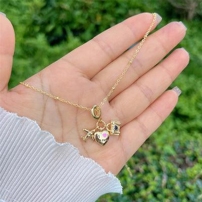 Copper 18K Gold Plated Inlay Sunflower Heart Shape Airplane Zircon Pendant Necklace