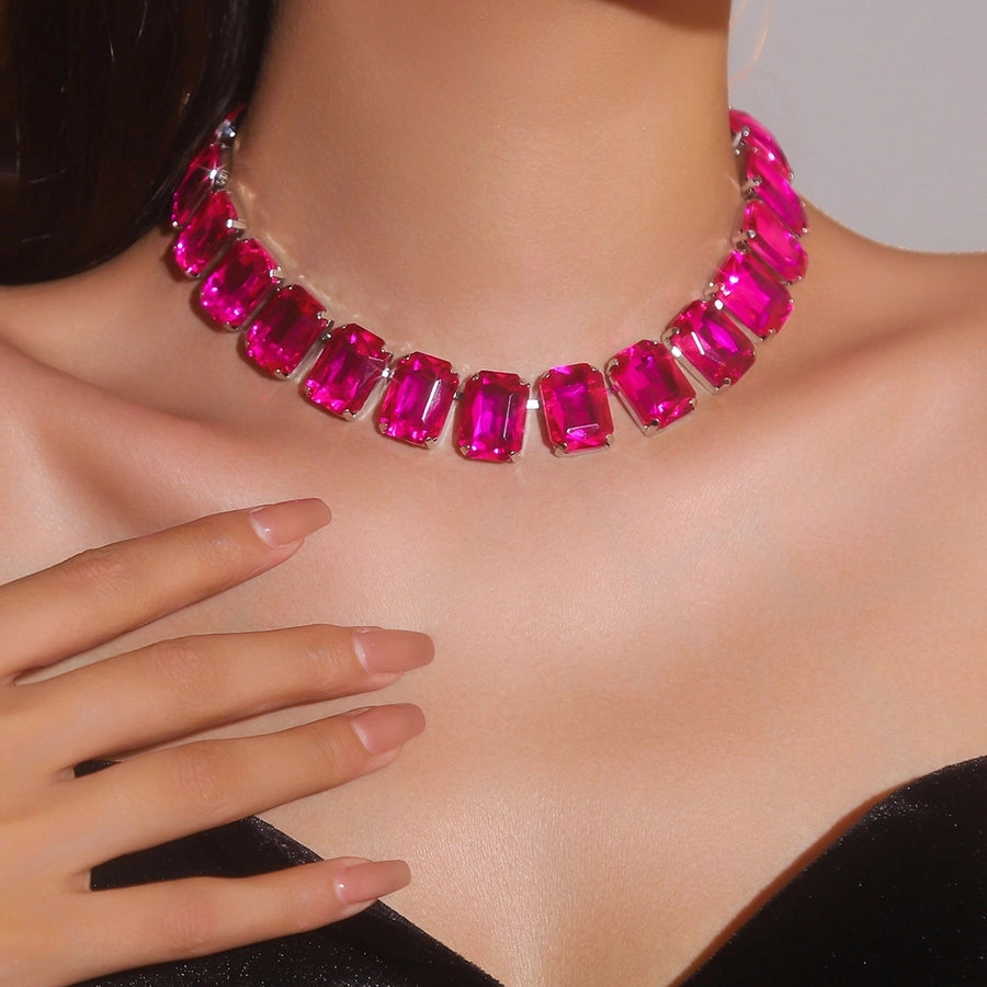 Copper Tennis Chain Inlay Rectangle Rhinestones Pendant Necklace