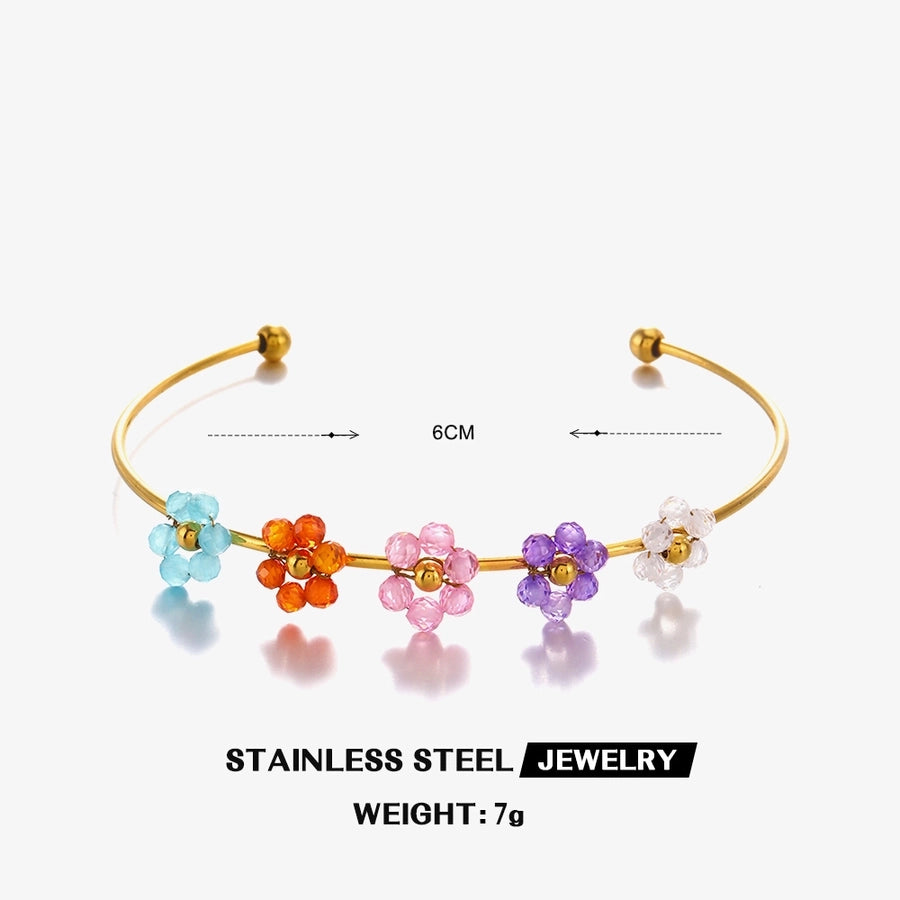 IG Style Flower 304 Stainless Steel 18K Gold Plated Zircon Bangle In Bulk