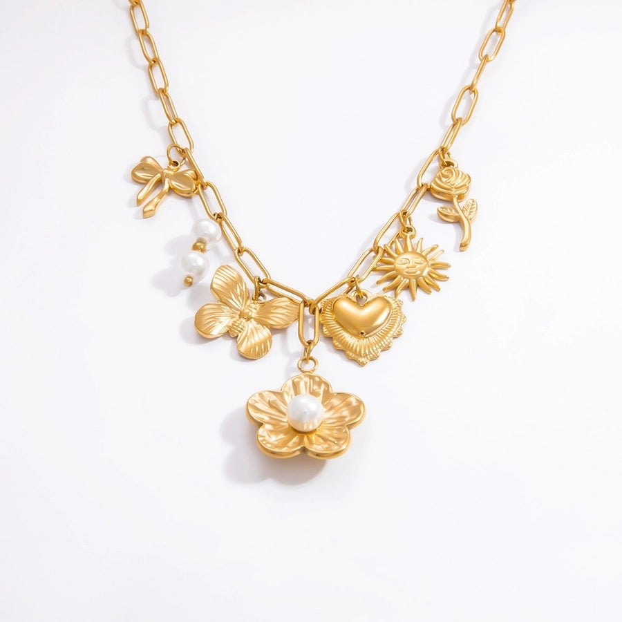 Jewelry Elegant Classic Style Heart Shape Flower 304 Stainless Steel Plating Multi Charms Necklace