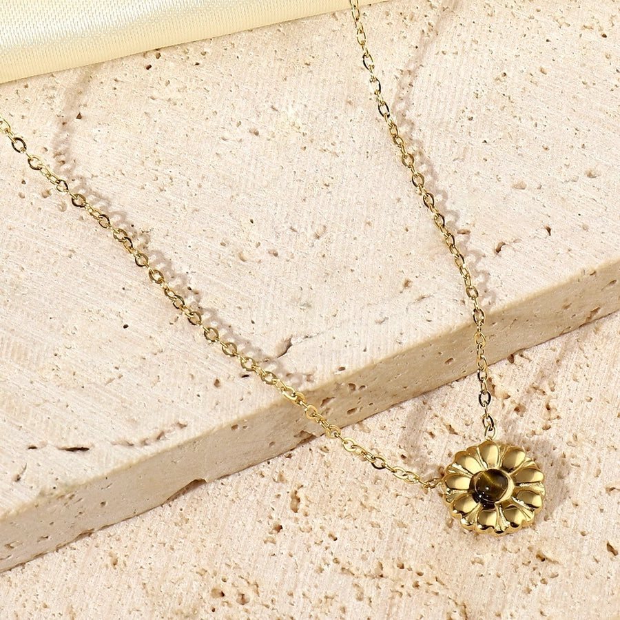 Jewelry Retro French Style Daisy Titanium Steel Natural Stone 14K Gold Plated Plating Inlay Pendant Necklace