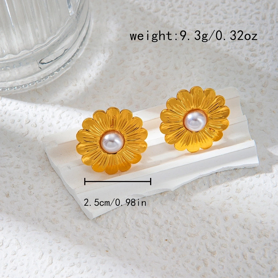 1 Pair Vacation Sweet Round Flower Plating Inlay 304 Stainless Steel Pearl 14K Gold Plated Ear Studs