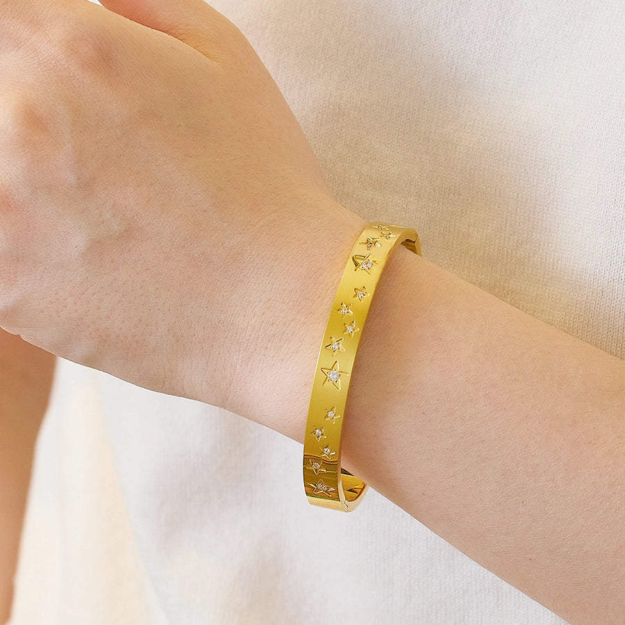 IG Style Chinoiserie Pentagram Star 304 Stainless Steel Zircon Bangle In Bulk