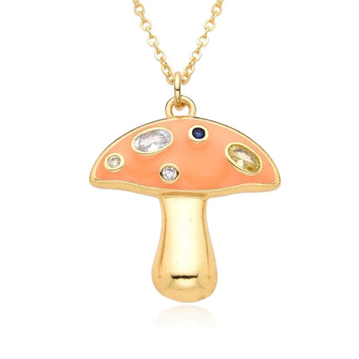 Copper Inlay Mushroom Zircon Pendant Necklace