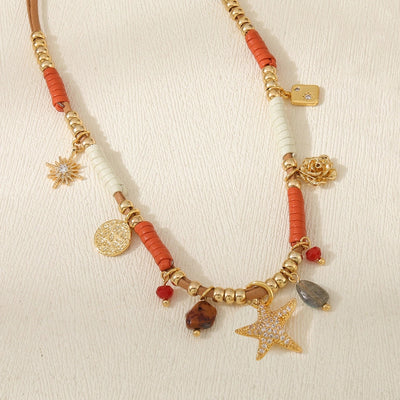 Casual Cute Commute Irregular natural stone Leather rope Copper Beaded Chain Woven Chain Necklace In Bulk