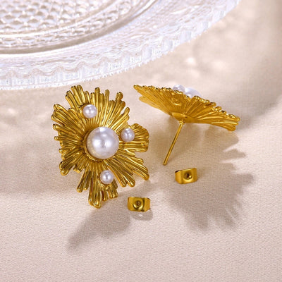French Style Retro Minority Pearl Ear Stud and Ring Suit Light Luxury High-Grade Autumn Design Flower Rings Ear Studs