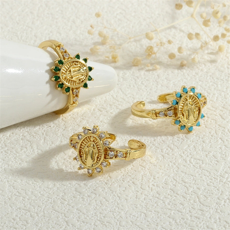 Copper Inlay Human Geometric Virgin Mary Zircon Open Rings