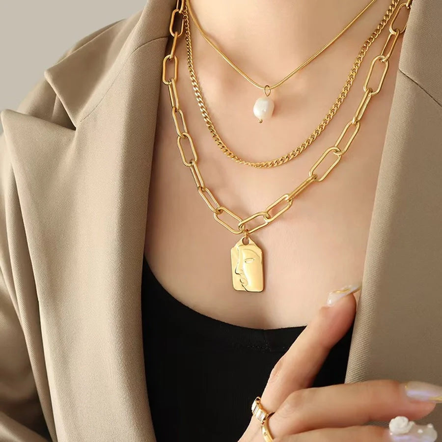 Jewelry Vintage Style French Style Human Titanium Steel Artificial Pearls 18K Gold Plated Layered Necklaces