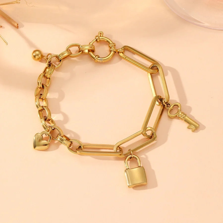 Elegant Heart Shape Titanium Steel 18K Gold Plated Beaded Chain cable chain Bracelets In Bulk