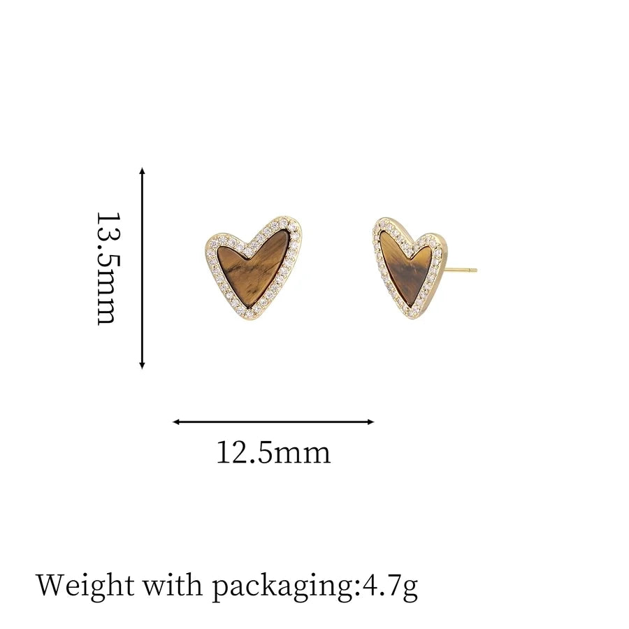 1 Pair Vintage Style Simple Style Geometric Round Heart Shape Plating Inlay Copper Natural Stone Zircon 18K Gold Plated Ear Studs