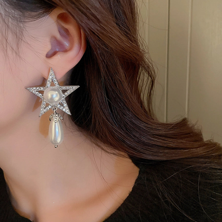 1 Pair Casual Simple Style Streetwear Star Water Droplets Inlay Copper Artificial Pearls Zircon Drop Earrings