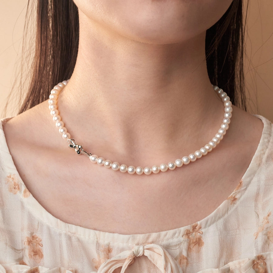 925 Sterling Silver Beaded Chain Beaded Metal Button Round Freshwater Pearl Necklace