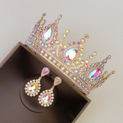 retro water droplets alloy hollow out inlay rhinestones crown earrings