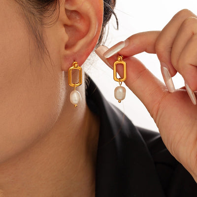 1 Pair Elegant French Style Quadrilateral Oval Plating 304 Stainless Steel Freshwater Pearl 18K Gold Plated Drop Earrings