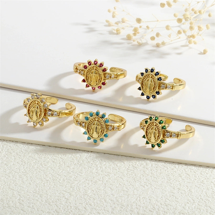 Copper Inlay Human Geometric Virgin Mary Zircon Open Rings