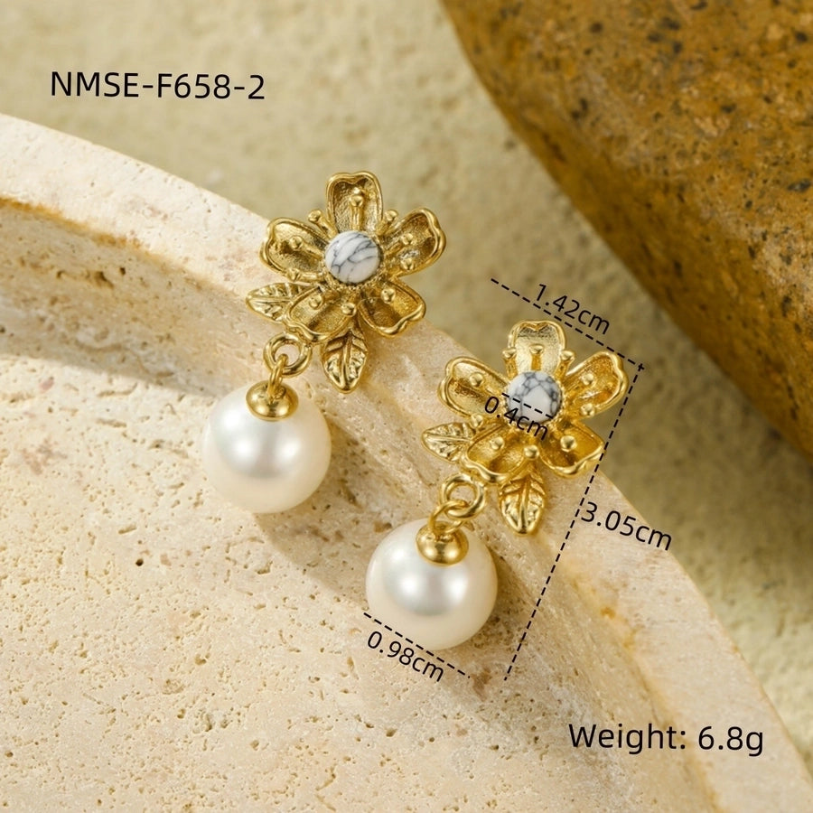 1 Pair Retro Flower Plating Inlay 304 Stainless Steel Natural Stone Pearl 18K Gold Plated Drop Earrings