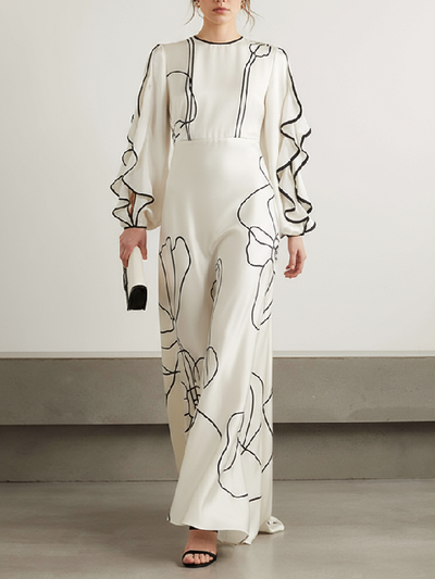 Loose Contrast Color Falbala Flower Print Hollow Zipper Maxi Dresses